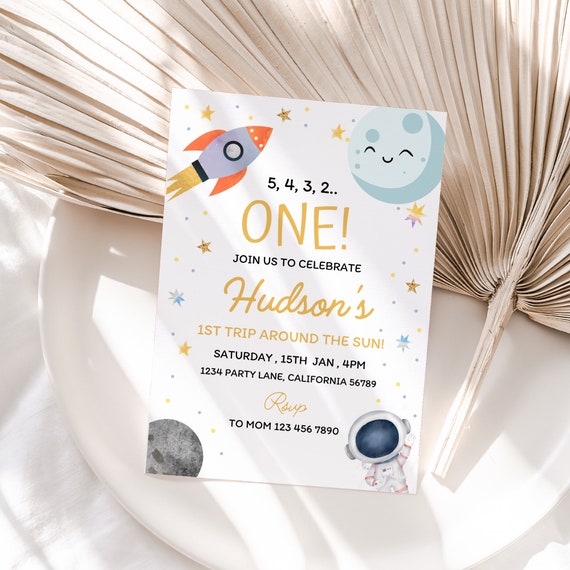 Outer Space First Birthday Invitation First Trip Around The Sun Invite Blast Off 1st Birthday Party Planet Galaxy Boy Astronaut EDITABLE S03