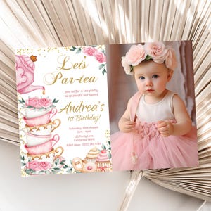 Tea Party Birthday Invitation With Photo Par-tea Invitation With Picture Tea Cup Partea Tea Time Whimsical Tea Floral Invite EDITABLE T01