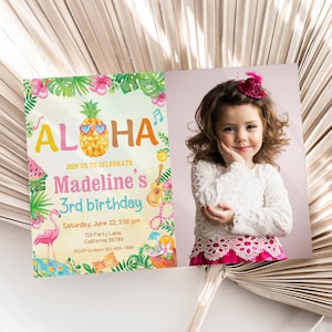 Luau Birthday Invitation with Photo Hawaiian Birthday Invitation with Picture Aloha Invite Tropical Party Girl EDITABLE Instant Digital T03