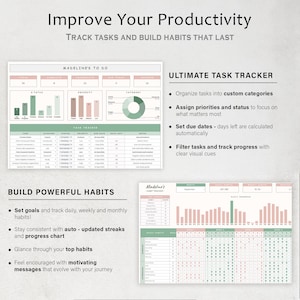 K&ouml;nnte beinhalten: Ein digitaler Aufgaben-Tracker mit der &Uuml;berschrift "Verbessern Sie Ihre Produktivit&auml;t". Das Bild zeigt einen Aufgaben-Tracker mit Abschnitten f&uuml;r Kategorien, Priorit&auml;ten und F&auml;lligkeitstermine. Der Tracker enth&auml;lt Diagramme und Grafiken, um den Fortschritt zu visualisieren und Gewohnheiten aufzubauen.