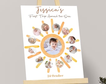 First Trip Around The Sun Photo Collage 1st Trip Around The Sun Milestone Poster First Birthday Board Sign Girl Monthly Collage EDITABLE S06