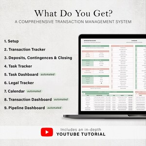 May include: A laptop screen displaying a comprehensive transaction management system. The screen shows various sections, including setup, transaction tracker, and task tracker. The image also includes the text "What Do You Get?" and "Includes an in-depth YOUTUBE TUTORIAL."