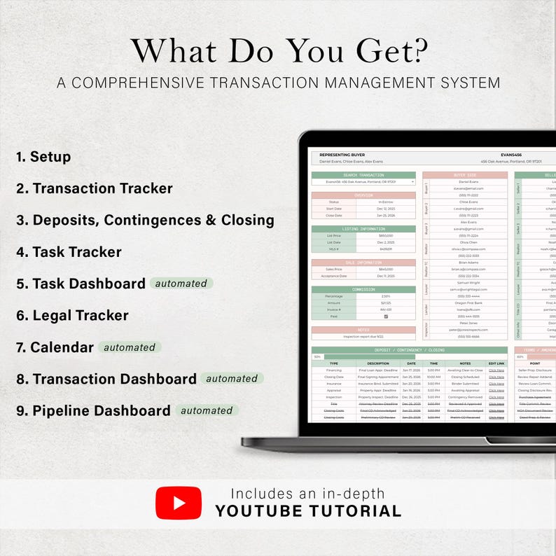 May include: A laptop screen displaying a comprehensive transaction management system. The screen shows various sections, including setup, transaction tracker, and task tracker. The image also includes the text "What Do You Get?" and "Includes an in-depth YOUTUBE TUTORIAL."