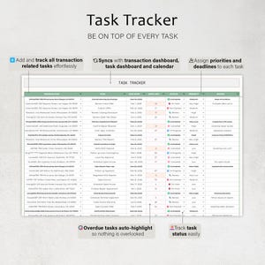 May include: A digital task tracker interface with the title "Task Tracker" at the top. The interface displays a table with columns for transaction, task, due date, days left, status, priority, and notes. Text highlights features like effortless task tracking.