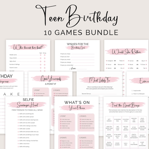 Teen Birthday Games Girl Birthday Party Games for Her Sweet 16 Birthday Party Games Teenager Birthday Activities PRINTABLE Instant