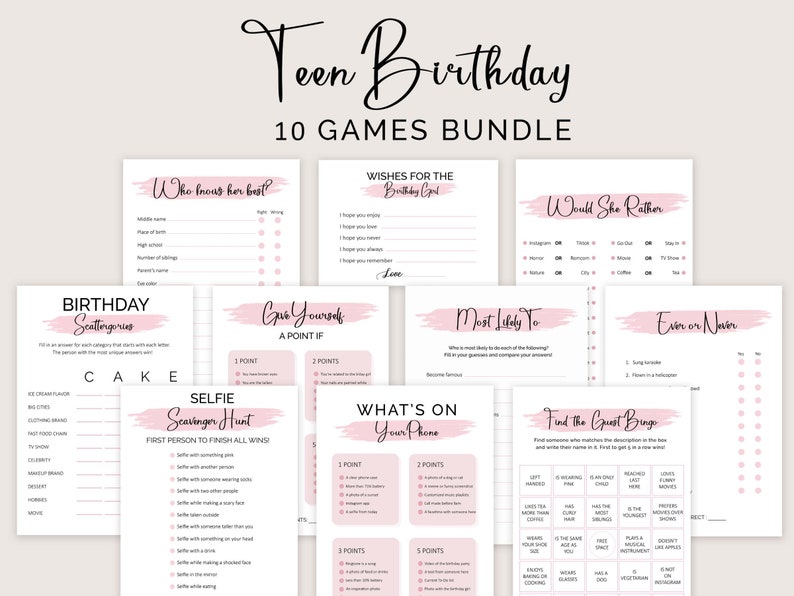 May include: A printable set of 10 pink and black teen birthday party games. The games include "Who Knows Her Best?", "Birthday Scattergories", "Give Yourself a Point If", "What's On Your Phone", "Would She Rather", "Most Likely To", "Ever or Never", "Find the Guest Bingo", and "Selfie Scavenger Hunt".