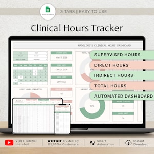 Może przedstawiać: Laptop z arkuszem kalkulacyjnym "Clinical Hours Tracker". Ekran pokazuje kalendarz, pola danych i wykresy. Tekst zawiera "3 karty | Łatwy w użyciu", "Godziny nadzorowane" i "Automatyczny pulpit".