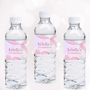 Étiquettes de bouteille d'eau de sirène Emballage de bouteille d'eau de fête de sirène Décoration d'anniversaire de sirène rose Modèle MODifiable imprimable Téléchargement instantané M02