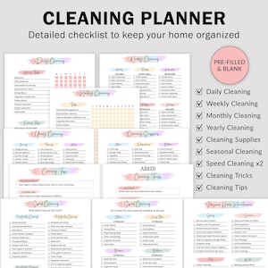 May include: A cleaning planner with detailed checklists for daily, weekly, monthly, and yearly tasks. Includes sections for cleaning supplies, seasonal maintenance, and speed cleaning. The planner is pre-filled and blank, with a variety of cleaning tips.