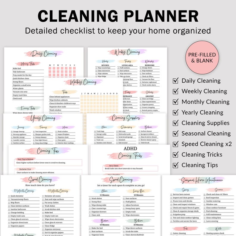 May include: A cleaning planner with detailed checklists for daily, weekly, monthly, and yearly tasks. Includes sections for cleaning supplies, seasonal maintenance, and speed cleaning. The planner is pre-filled and blank, with a variety of cleaning tips.