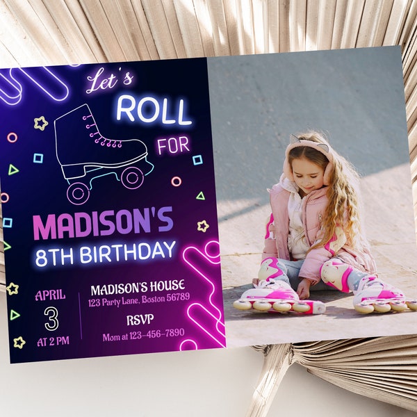 Roller Skate Party Invitation with Photo Roller Skate Birthday Invitation with Picture Girl Skating Invitation EDITABLE Instant Download R01
