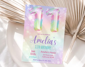 11th Birthday Invitation Girl 11th Birthday Party Invitation Rainbow Eleventh Birthday Invite 11 year old Birthday Invite Editable R05