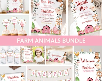 Farm Animals Birthday Invitation Bundle Girl Barnyard Decorations Pink Barn Birthday Party Decor Ranch Theme Invite Sign Kit EDITABLE F03