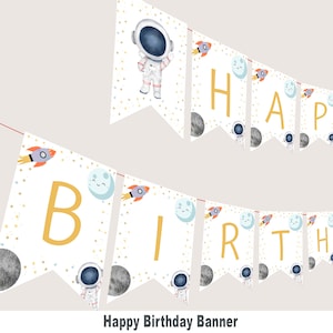 Banner de cumpleaños con el primer viaje alrededor del sol, decoración espacial, banderines de astronautas, decoración del primer viaje alrededor del sol, fiesta del espacio exterior, IMPRIMIBLE S03
