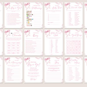 May include: A collection of pink and white baby shower game cards with various titles, including "Boy or Girl?", "Pictionary", and "Baby Food". Each card features a pink bow design at the top.