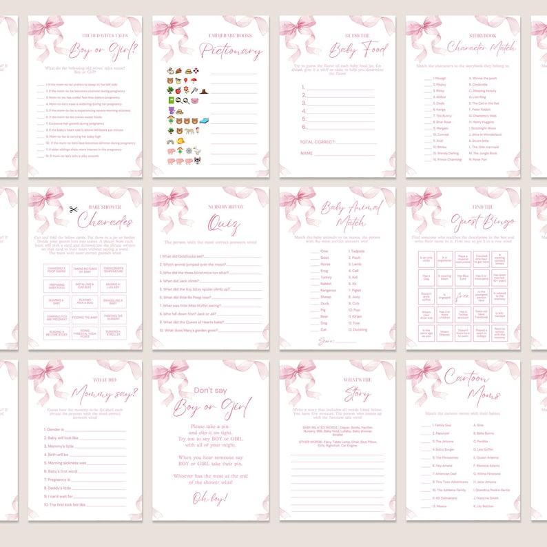 May include: A collection of pink and white baby shower game cards with various titles, including "Boy or Girl?", "Pictionary", and "Baby Food". Each card features a pink bow design at the top.