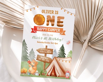 Camping Premier anniversaire Invitation Camping 1er anniversaire Inviter Camping Party Campout Sleepover Anniversaire Un campeur heureux Modifiable Instantané C02