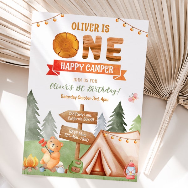 Camping First Birthday Invitation Camping 1st Birthday Invite Camping Party Campout Sleepover Birthday One Happy Camper Editable Instant C02