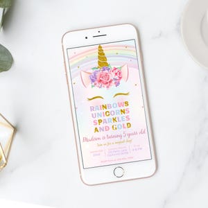 May include: A digital invitation for a 5-year-old's birthday party. The invitation features a unicorn with a rainbow background and the text "Rainbows Unicorns Sparkles and Gold. Madison is turning 5 years old. Join us for a magical day!"