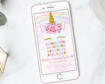 Unicorn Birthday Invitation Rainbow Sparkles and Gold Invitation Digital Mobile Unicorn Theme Party E-Invite Electronic Evite EDITABLE U01