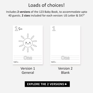 May include: Two versions of a printable 123 Baby Book. The first version features a black and white illustration of a sun with a smiling face. The second version is blank. Both versions include the number "1" and the word "One" written in black. The text "With Love" is written in black at the bottom of each page. The text "Version 1 General" is written below the first page and the text "Version 2 Blank" is written below the second page. The text "Explore the 2 Versions" is written in black on a blue button.