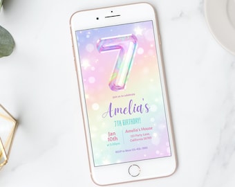 May include: A digital invitation for a 7th birthday party. The invitation features a rainbow iridescent number 7 with a glittery background. The text reads "Join us to celebrate Amelia's 7th Birthday!" with the date and time of the party, the location, and RSVP information.