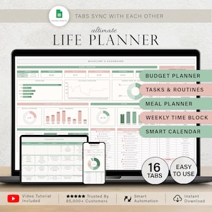 May include: A digital life planner displayed on a laptop, tablet, and phone. The planner features sections for budgeting, tasks, meal planning, and a smart calendar. The screen displays charts and graphs with the text "ultimate LIFE PLANNER".