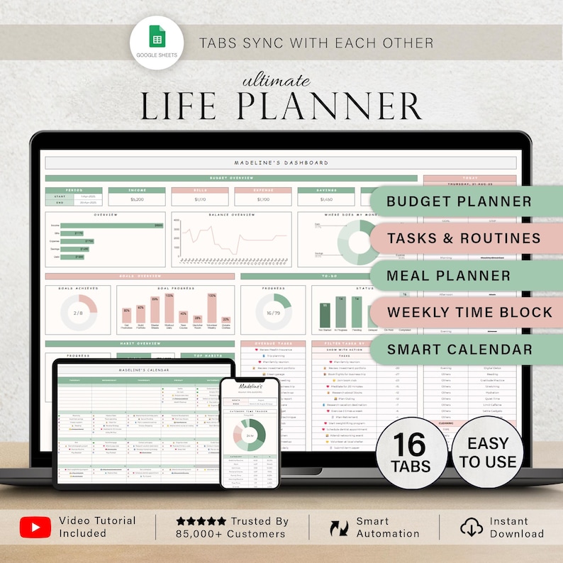 May include: A digital life planner displayed on a laptop, tablet, and phone. The planner features sections for budgeting, tasks, meal planning, and a smart calendar. The screen displays charts and graphs with the text "ultimate LIFE PLANNER".