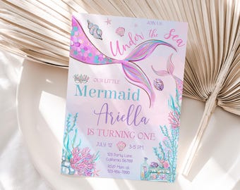 Mermaid Birthday Invitation Mermaid Invitation Mermaid Party Invitation Girl Under the Sea Invitation Pink EDITABLE Instant Digital M02