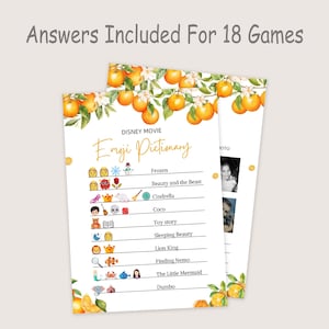 May include: A printable Disney movie emoji game with a white background and orange citrus fruit border. The game features a list of Disney movies with corresponding emojis. The text "DISNEY MOVIE Emoji Pictionary" is at the top of the page.