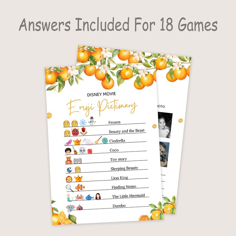 May include: A printable Disney movie emoji game with a white background and orange citrus fruit border. The game features a list of Disney movies with corresponding emojis. The text "DISNEY MOVIE Emoji Pictionary" is at the top of the page.