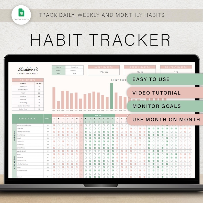 May include: A laptop screen displaying a digital habit tracker. The tracker includes sections for daily, weekly, and monthly habits, with a chart and calendar. Text on the screen reads "Habit Tracker" and "Easy to Use."