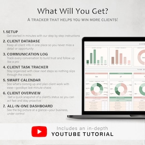 Pode incluir: Um ecr&atilde; de laptop exibe um painel de neg&oacute;cios com gr&aacute;ficos. O texto na tela diz "What Will You Get?" e "A TRACKER THAT HELPS YOU WIN MORE CLIENTS!" Inclui um tutorial aprofundado do YouTube.