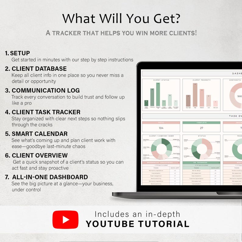 Pode incluir: Um ecr&atilde; de laptop exibe um painel de neg&oacute;cios com gr&aacute;ficos. O texto na tela diz "What Will You Get?" e "A TRACKER THAT HELPS YOU WIN MORE CLIENTS!" Inclui um tutorial aprofundado do YouTube.