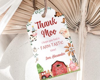 Farm Animals Thank You Tags Barnyard Party Favors Barn Favor Tags Ranch Label Gift Birthday Tags Boy Favor Loot Bag Tags Red EDITABLE F03