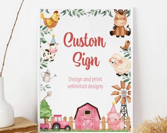 Farm Animals Custom Sign Girl Barnyard Party Signs Barn Birthday Sign Decor Ranch Decorations Custom Text Pink Party Sayings EDITABLE F03