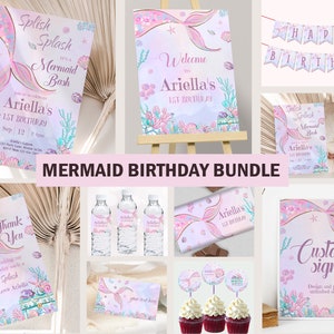 Mermaid Birthday Invitation Bundle Mermaid Invite Mermaid Birthday Theme Mermaid Party Decoration Girl Under the Sea Editable Digital M02