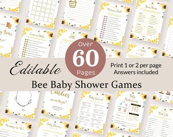 Pacchetto giochi per baby shower ape Gioco per feste ape al miele Attività genitori-ape Quiz sul favo Un po' di miele in arrivo Consigli per bambini MODIFICABILI BS3