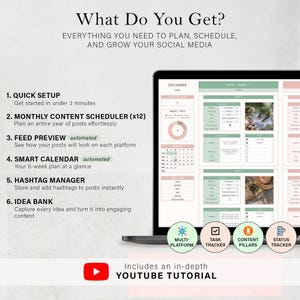 K&ouml;nnte beinhalten: Ein Laptop-Bildschirm zeigt eine Social-Media-Planer-Oberfl&auml;che mit einem Kalender und Tools zur Inhaltsplanung. Der Text lautet "What Do You Get?" und listet Funktionen wie schnelles Setup, einen monatlichen Inhaltsplaner und einen Hashtag-Manager auf. Enth&auml;lt ein YouTube-Tutorial.