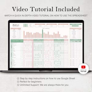 May include: A laptop displays a spreadsheet with a habit tracker. The screen shows a grid with pink and green color-coded data. Text at the top reads "Video Tutorial Included." A YouTube icon is visible. The spreadsheet is designed for beginners.