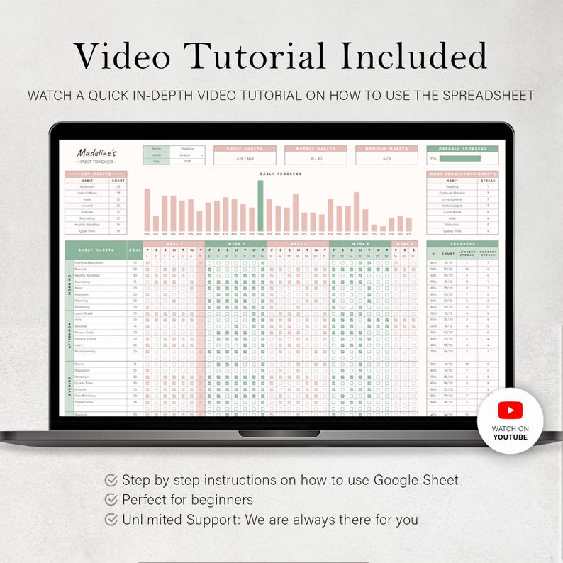 May include: A laptop displays a spreadsheet with a habit tracker. The screen shows a grid with pink and green color-coded data. Text at the top reads "Video Tutorial Included." A YouTube icon is visible. The spreadsheet is designed for beginners.