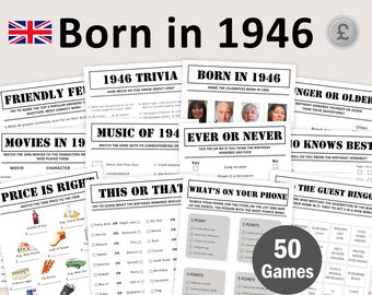 May include: A collection of 50 printable party games with a 1946 theme. The games include trivia, bingo, and 'this or that' challenges, all designed for a birthday celebration. The design features a Union Jack and a British pound symbol.