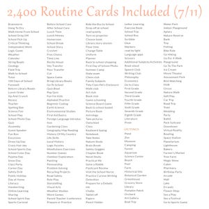 Pu&ograve; includere: Un elenco digitale intitolato 2,400 Routine Cards Included (7/11) che presenta colonne di testo con varie etichette per scuola, attivit&agrave; e uscite come Brainstorm, Lunch Time, Ride the Bus to School, Letter Learning e Water Park in carattere nero.
