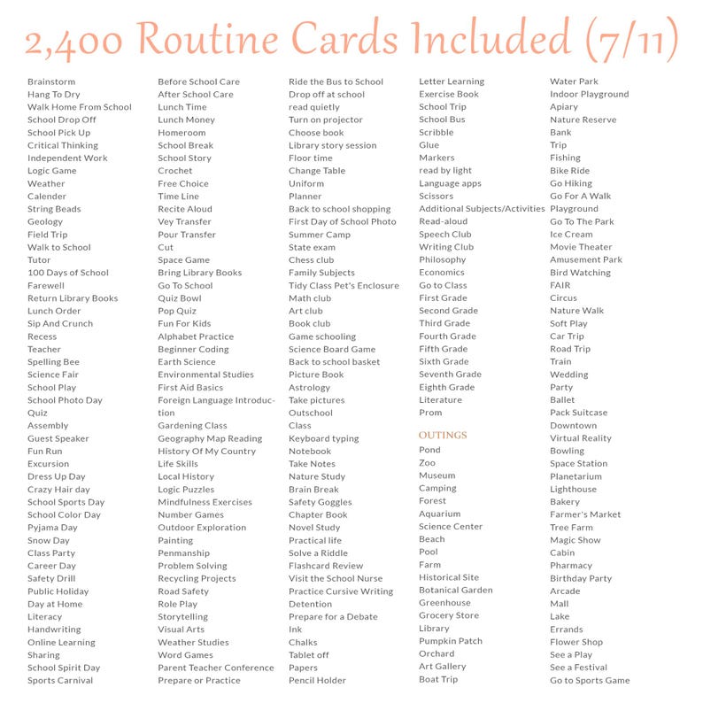 Pu&ograve; includere: Un elenco digitale intitolato 2,400 Routine Cards Included (7/11) che presenta colonne di testo con varie etichette per scuola, attivit&agrave; e uscite come Brainstorm, Lunch Time, Ride the Bus to School, Letter Learning e Water Park in carattere nero.