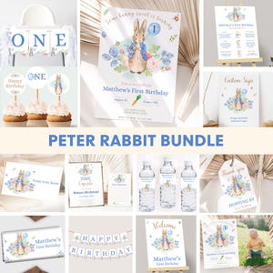 Peter Rabbit Invito per il compleanno Pacchetto Flopsy Bunny Primo compleanno Decorazioni Rustico Bunny 1° compleanno Festa Decorazione Ragazzo MODIFICABILE P05