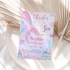 Invito di compleanno "Sotto il mare", invito per il 3° compleanno della sirena, invito per la festa "Splish Splash", tema "Ragazza dell'oceano", modificabile, digitale istantaneo M02