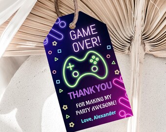 Video Game Favor Tag Game Over Tag Gamer Birthday Tag Neon Arcade Party Thank You Tags Gaming Party Tags EDITABLE Instant Download V01