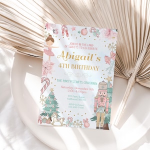 くるみ割り人形の誕生日招待状 茶髪バレリーナ招待状 シュガープラムフェアリーパーティー お菓子の国 ブルネット くるみ割り人形 バレエ 編集可能 N02