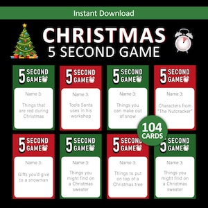 May include: A digital download for a Christmas-themed party game. The game includes 104 cards with various prompts, such as "Things that are red during Christmas." The design features a Christmas tree, a clock, and red and green card backgrounds.