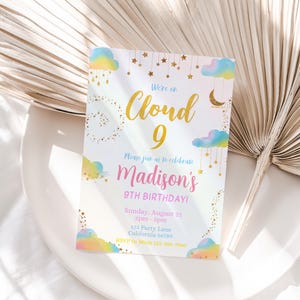 Cloud 9 Birthday Invitation Cloud Nine Party Invitation Girl 9th Birthday Invite Gold Rainbow Cloud 9th Birthday Invite EDITABLE Instant C05